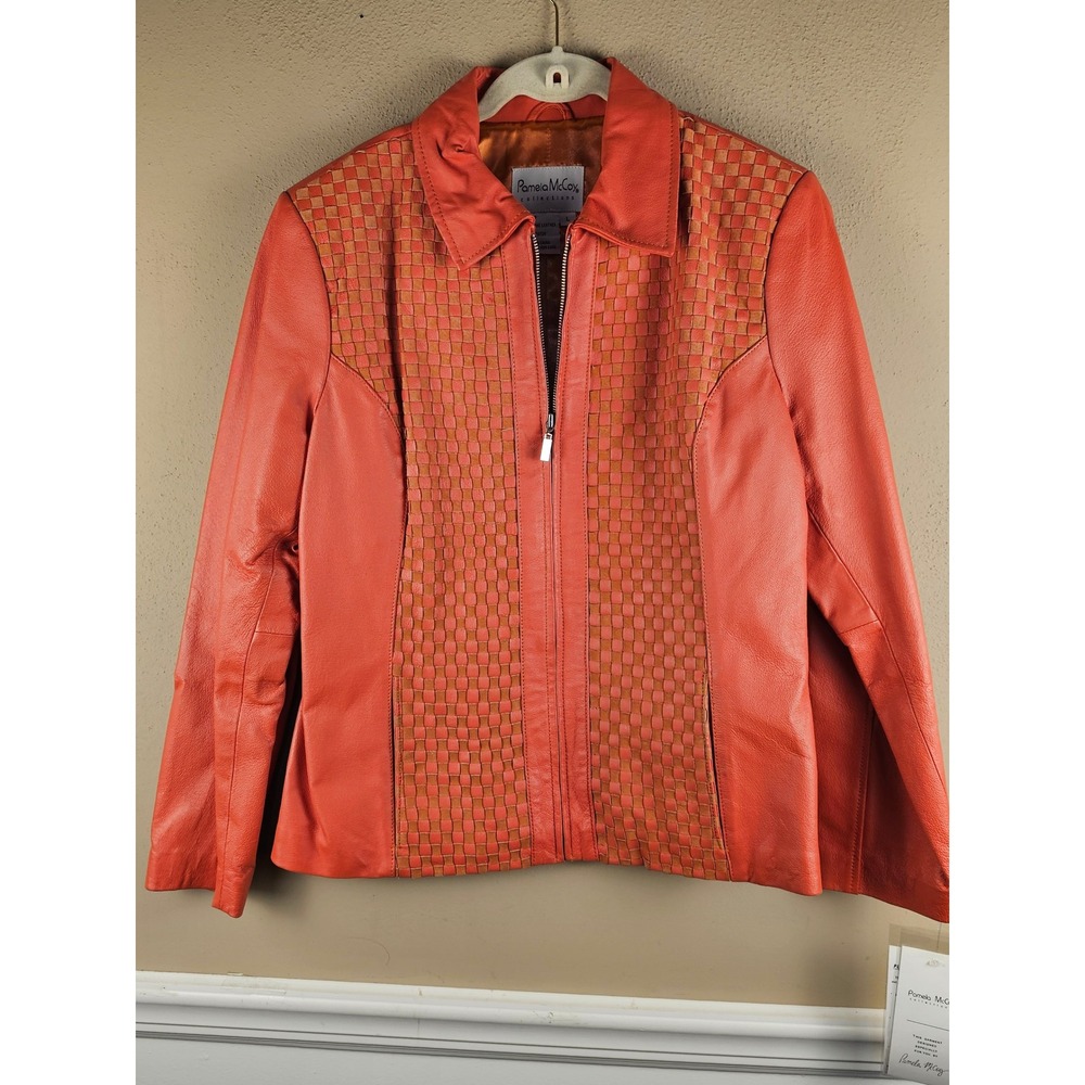 NWT Vintage Pamela McCoy Orange Woven Leather Jacket Coat Large
